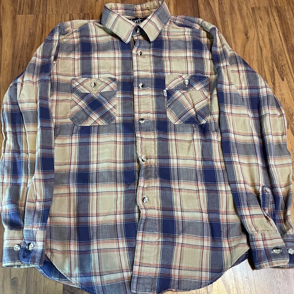 Levis Vintage Flannel Shirt Mens Medium Blue Tan Plaid Tapered Fit Cotton Blend